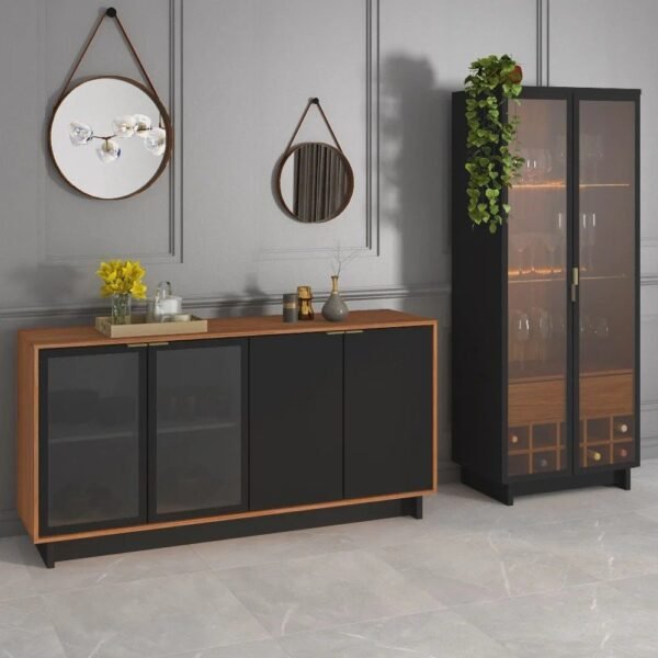 Conjunto Decorativo Cristaleira com Led e Buffet Aparador 160cm TenerifeGunga Preto FoscoNoce G73 - Gran Belo