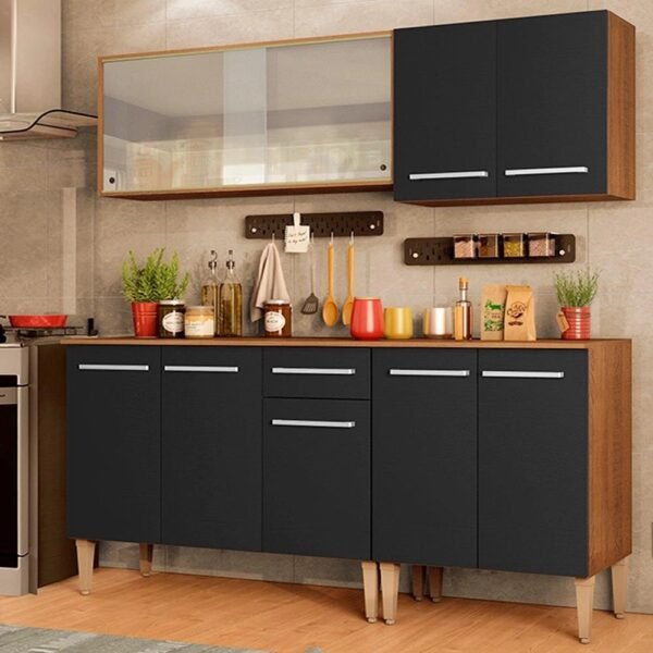 Cozinha Completa Emilly Box com Balcão e Armário Vidro - RusticPreto