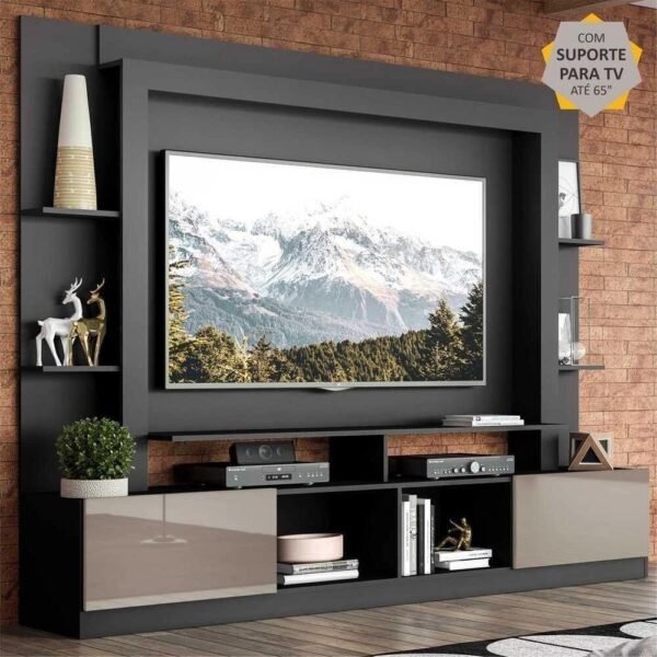 Rack Estante Painel Suporte Tv 65'' PretoLaca Fumê
